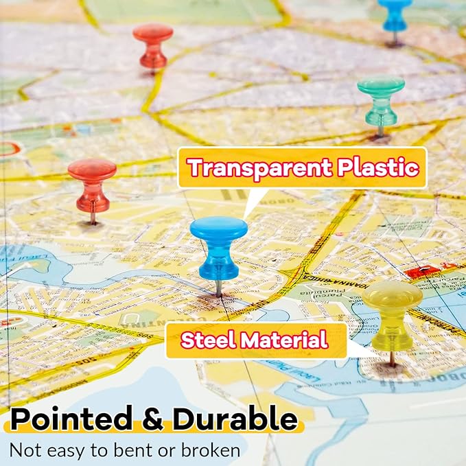 Outus 100 Pcs Giant Push Pins Large Thumb Tacks Plastic Heads 1 Inch Jumbo Push Pins for Cork Board Map Posters Office School(Red, Yellow, Blue, Green, Transparent)-DeskLoop Office