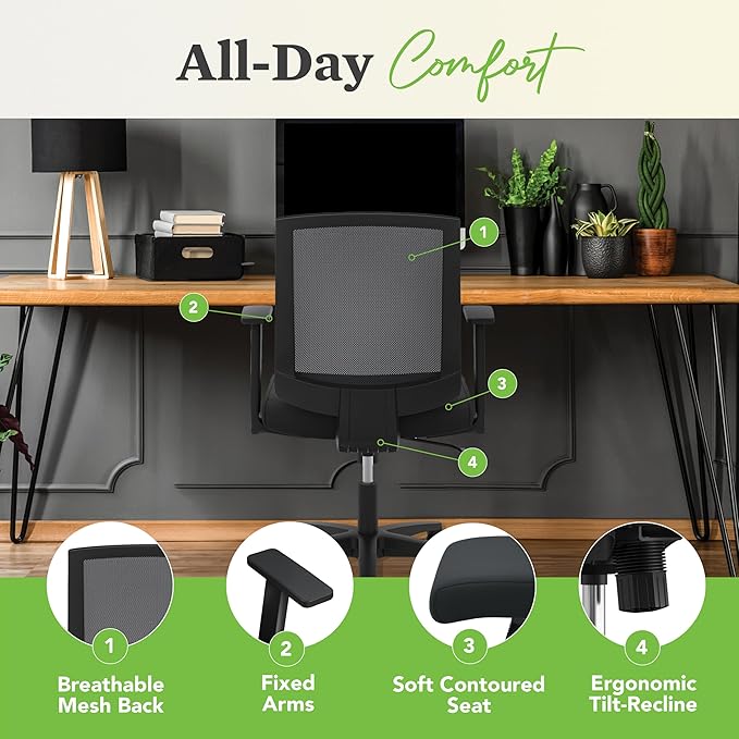 HON Torch Ergonomic Mid-Back Office Chair, Comfortable Fabric Seat Home Office Task Chair, Tilt-Tension Recline Control, 360 Rolling Swivel, Sculpted Fixed Arms-DeskLoop Office