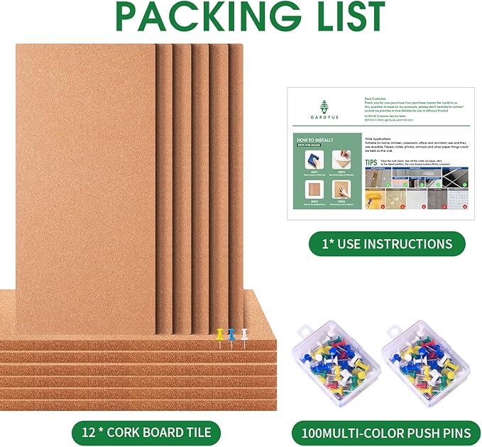 Transform Your Space with GARDYUE's 12-Pack Cork Bulletin Board Tiles - 17 x 8 Inches, 1/2" Thick, Self-Adhesive, Frameless, and Eco-Friendly - Perfect for DIY, Office, School, and Home Decor-DeskLoop Office