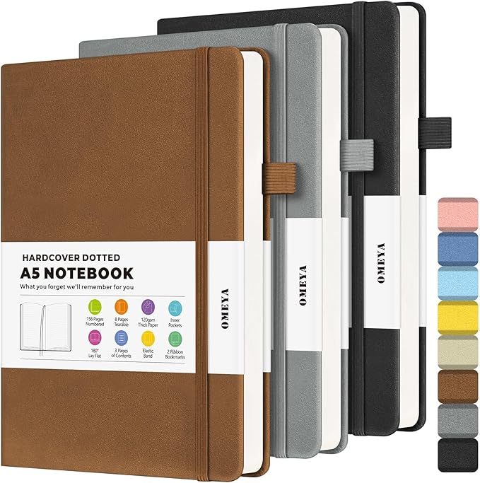 Bullet Dotted Journal Notebook 3 Pack, A5 Dotted Journal with 120gsm Paper, Leather Dotted Notebook, Hardcover Dot Grid Notebook Each with 156 Nmubered Pages, Dot Journal for Women, Men 5.75" × 8.38"-DeskLoop Office