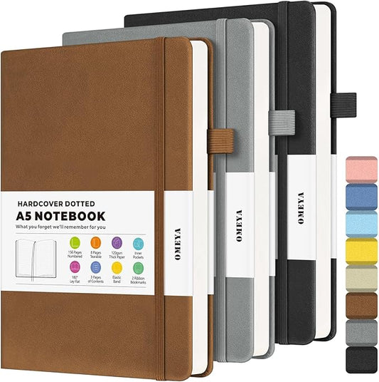 Bullet Dotted Journal Notebook 3 Pack, A5 Dotted Journal with 120gsm Paper, Leather Dotted Notebook, Hardcover Dot Grid Notebook Each with 156 Nmubered Pages, Dot Journal for Women, Men 5.75" × 8.38"-DeskLoop Office