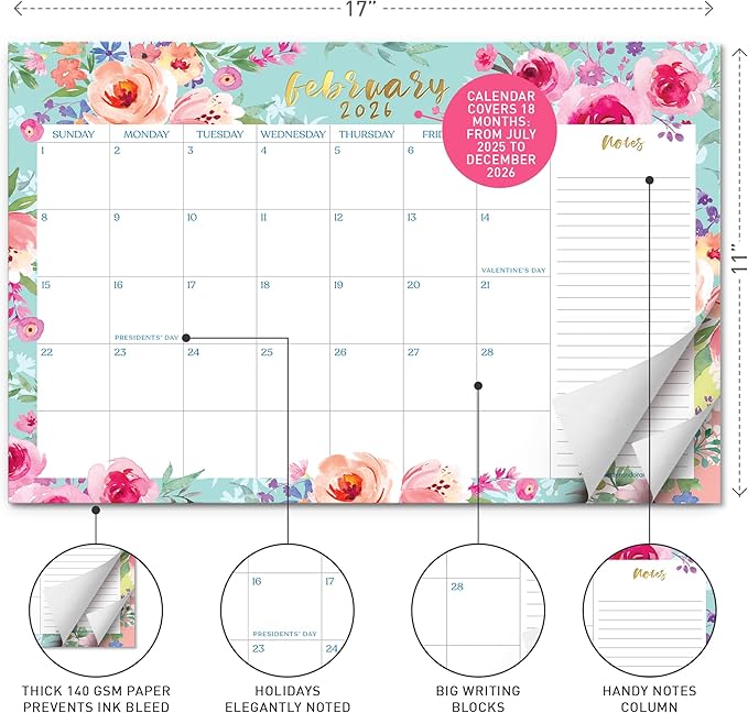 S&O Watercolor Floral Large Desk Calendar from July 2025 to Dec 2026 - Tear-Away Table Calendar 2025-2026 - Desktop Blotter - Academic Desk Planner - Desk Pad Large - 11x17in-DeskLoop Office