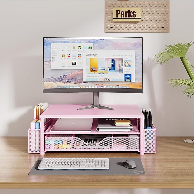 Desk Organizers and Accessories, 2-Tier Computer Monitor Stand Riser with Drawer and 2 Pen Holders, Laptop Stand, Office Desk Accessories for Office Supplies, Pink-DeskLoop Office