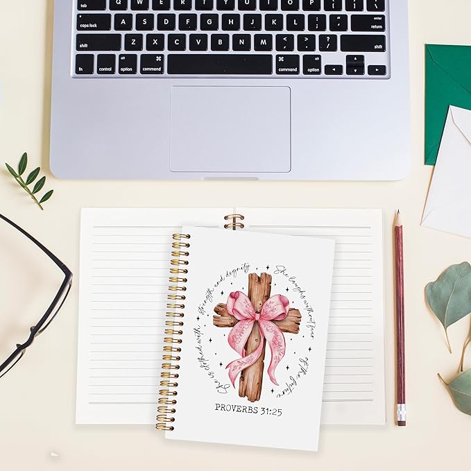 BearCake Proverbs 31 Woman Christian Notebook Journal, Preppy Christian Gifts for Women, Pink Coquette Bow Prayer Journal for Women, Bible Journaling Hardcover Spiral Notebook 5.5x8.3-DeskLoop Office