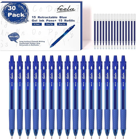 feela 30 Pack Retractable Blue Ink Gel Pens Set Medium Point 15 Piece Fine Point Gel Pen with 15 Refills for Smooth Writing-DeskLoop Office