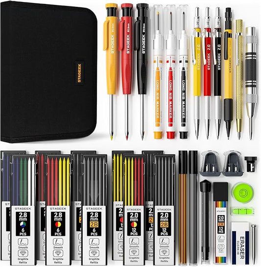 34 Pack Carpenter Pencil Set with Sharpener, Mechanical Carpenter Pencils with Deep Hole Long-Nib Marker Pens, Carbide Scribe Tool & Construction Pencils for Architect Woodworking with Case-DeskLoop Office
