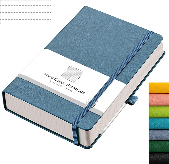 AHGXG Graph Paper Notebook - 320 Pages Grid Notebook Thick Journal A5, 100gsm Thick Graph Paper, Leather Hardcover, Inner Pocket,5.75'' × 8.38''- GrayBlue-DeskLoop Office