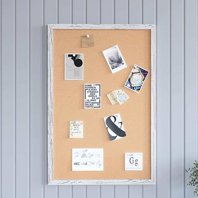 HBCY Creations Wall Mount Whitewashed Cork Board - 24" W x 36" H - 6 Wooden Push Pins - Solid Pine Wood Frame - for Kitchen, Classrooms, Restaurant Menus and More!-DeskLoop Office