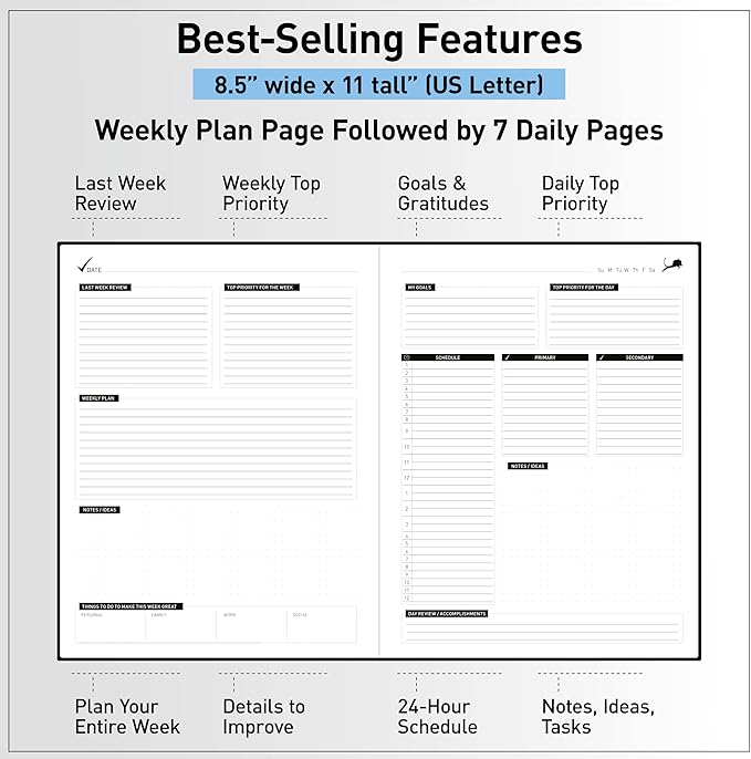 Daily Planner - Professional Life Planner, Calendar & Gratitude Journal to Increase Productivity, Time Management & Happiness - Vegan Leather Softcover, 6 Months, Undated 24 Hour Business Planner-DeskLoop Office