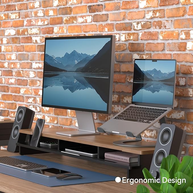 Monitor Stand Dual Monitor Stand Riser for Desk,Wood Desk Shelf Storage Organizer with Phone Tablet Holder (42.5 Inch, Black & Dark Bamboo)-DeskLoop Office