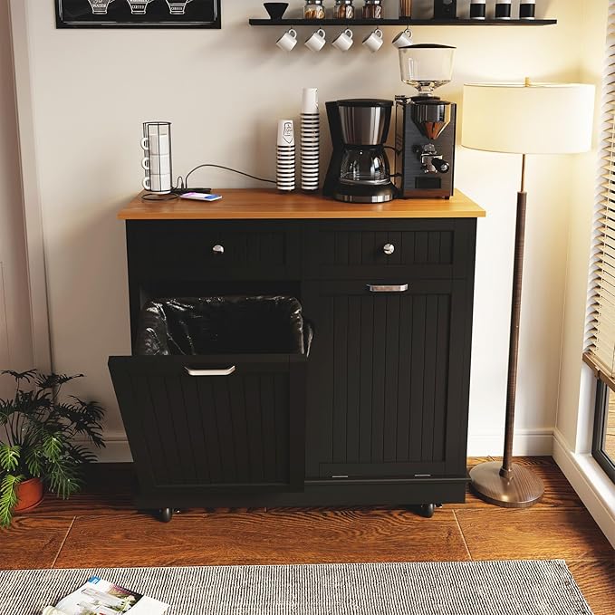 20 Gallon Tilt Out Trash Cabinet, Wooden Kitchen Trash Can Cabinet with Hideaway Drawer, Freestanding Laundry Hamper Garbage Recycling Cabinet on Wheels, Pet Proof, Double, Black-DeskLoop Office