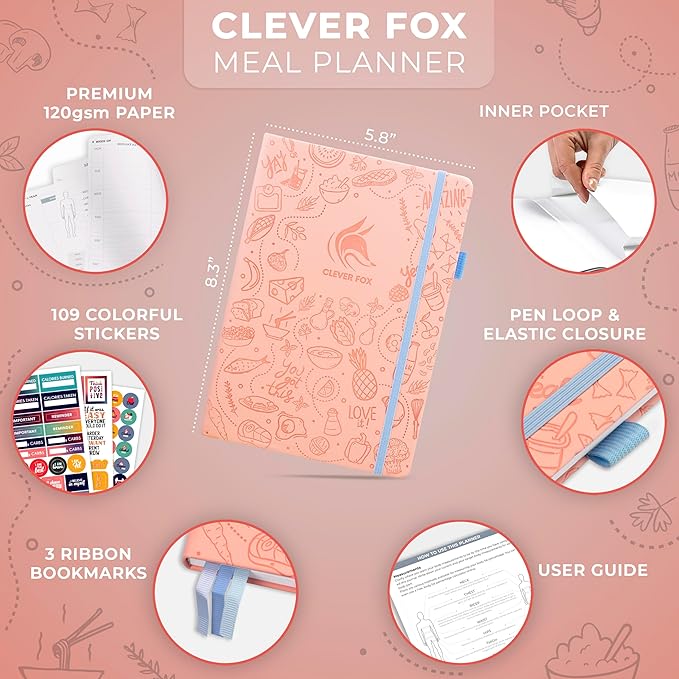 Clever Fox Weekly Meal Planner - Weekly & Daily Meal Prep Journal with Shopping and Grocery Lists for Menu Planning, Healthy Diet & Weight Loss Tracking, Lasts 1 Year, Undated, A5 - Light Pink-DeskLoop Office