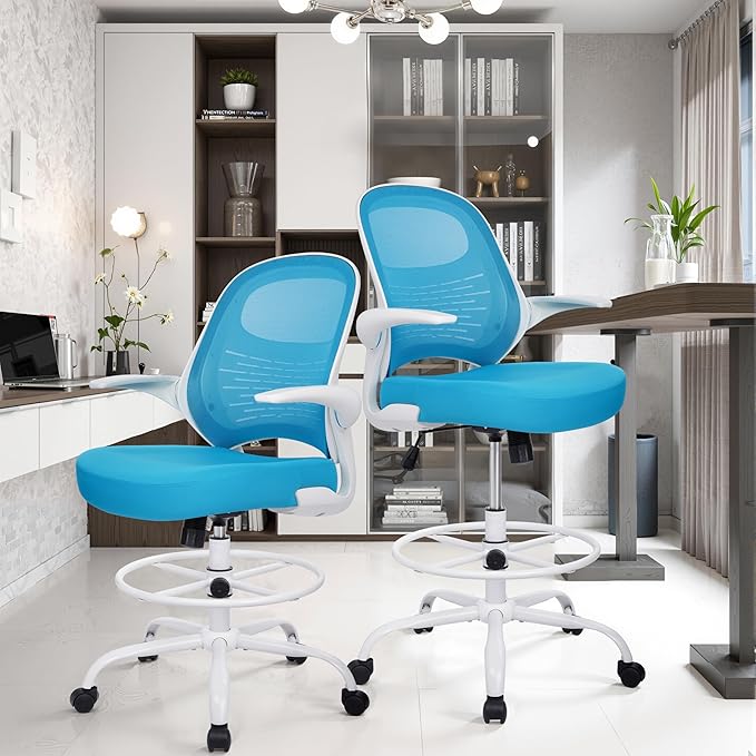 HYLONE Tall Drafting Chair Standing Desk Chair with Flip-Up Armrests, Adjustable Height Ergonomic Office Chair with Footrest Ring - High Stool Chair for Standing Desk (Blue)-DeskLoop Office
