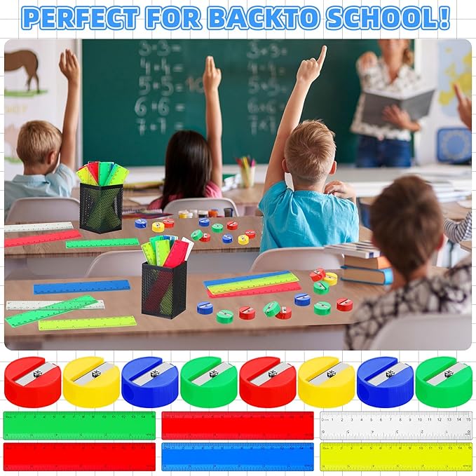 100 Pcs Plastic Rulers and 100 Pcs Mini Round Manual Pencil Sharpener Bulk, 4 Assorted Colors Pocket Sized Pencil Sharpeners Colorful Straight Ruler Back to School Supplies for Kids (Classic,6 Inch)-DeskLoop Office