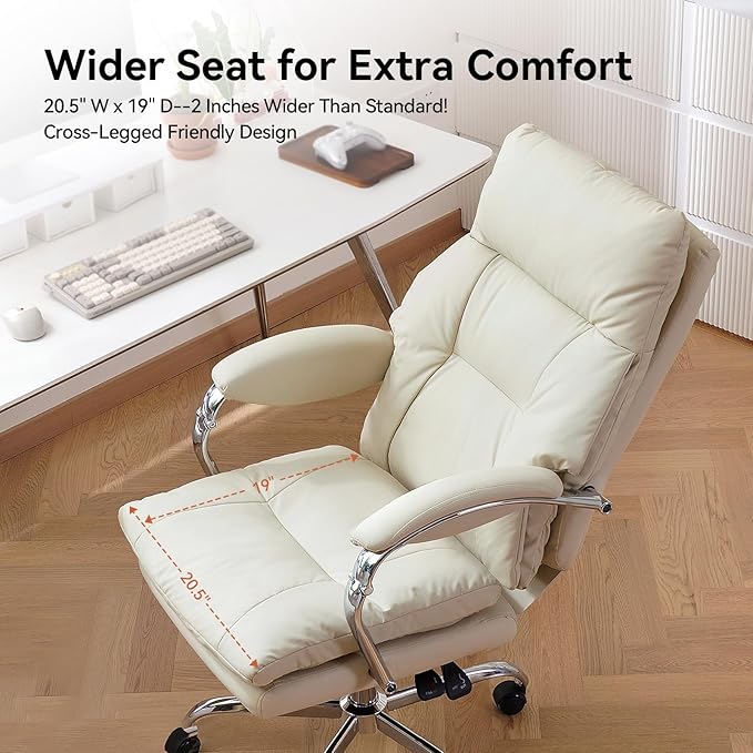 LEAGOO Office Chair with Foot Rest, Ergonomic Executive Office Chair with Arms, Reclining High Back PU Leather Comfy Swivel Computer Desk Chairs with Wheels and Lumbar Support for Home Office, Cream-DeskLoop Office