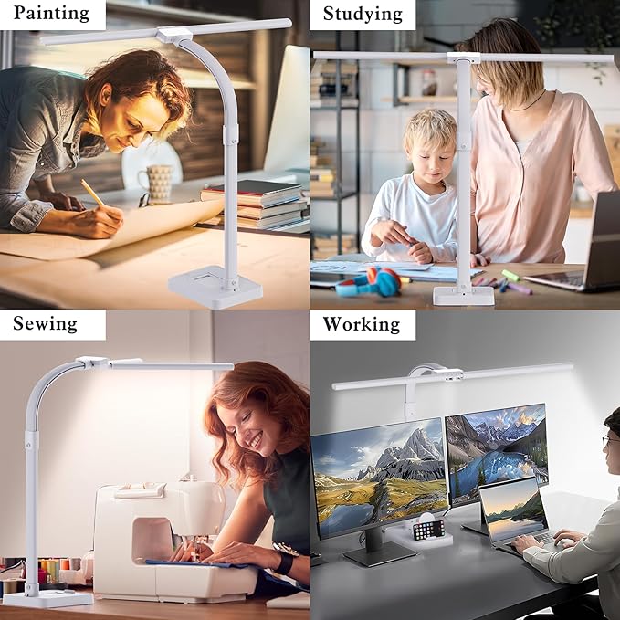 LED Desk Lamp for Home Office, 24W Bright Desk Lamp with Phone Holder Base - 25 Lighting Modes Eye-Caring Desk Light Adjustable Gooseneck Lamp for Workbench Drafting Reading Study-White-DeskLoop Office