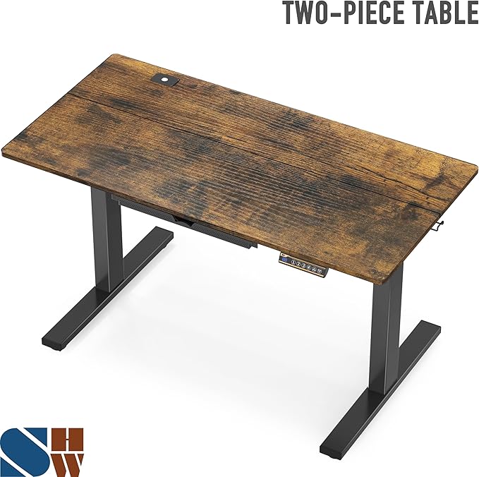 SHW 48-Inch Electric Height Adjustable Standing Desk with Drawer, Memory Preset and Cable Management Tray, Rustic Brown-DeskLoop Office