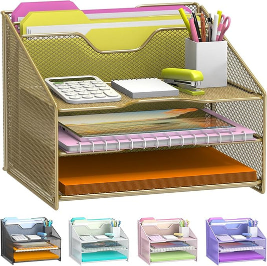 Samstar Gold Desk File Organizer, Mesh Letter File Folder Holder with 3 Paper Trays and 2 Vertical Upright Section, Gold-DeskLoop Office