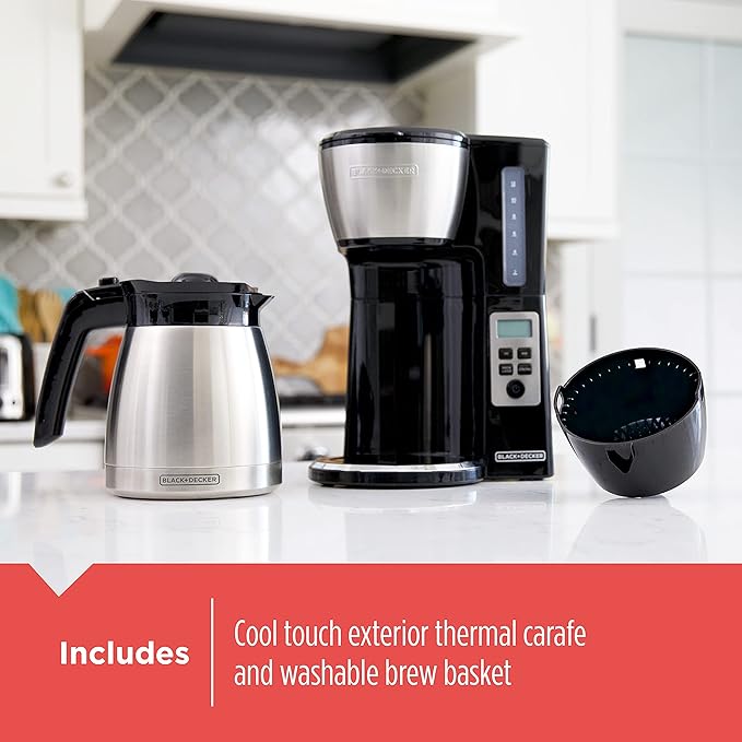 BLACK+DECKER 12 Cup Thermal Programmable Coffee Maker with Brew Strength and VORTEX Technology, Black/Steel-DeskLoop Office