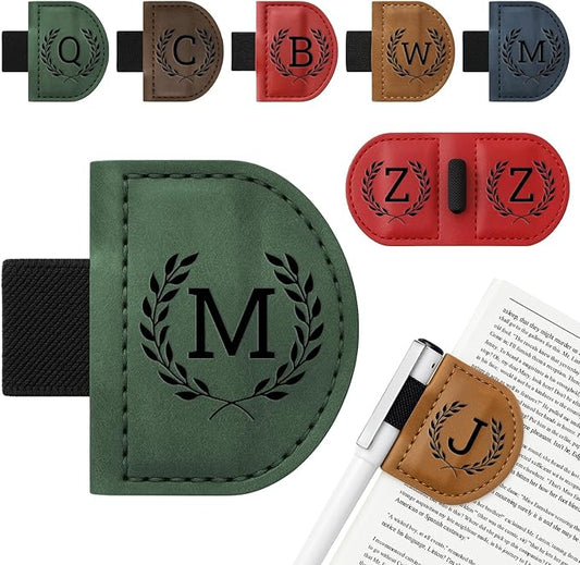 Personalized Bygone Mark Bookmark with Pen Holder,Engraving Leather Magnetic Bookmarks Vintage 26 Letters Name Initials Text Book Marker Clips Gifts for Reading Book Lovers Women (Green, M)-DeskLoop Office