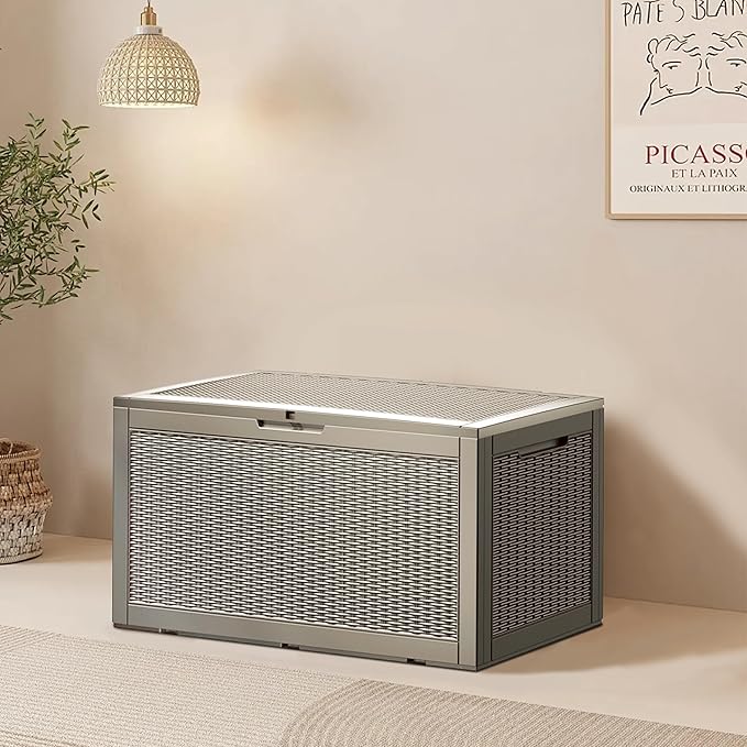 100 Gallon Resin Deck Box, Waterproof Outdoor Storage Bin for Patio Furniture, Pool Accessories, and Garden Tools, Lockable & UV-Resistant, Grey-DeskLoop Office