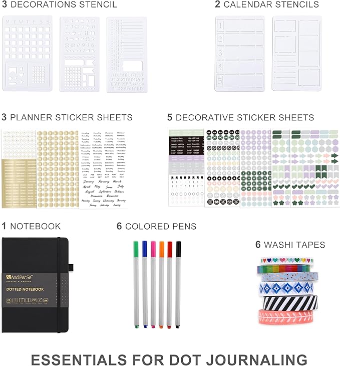 &And Per Se Dotted Journal Notebook Set, A5 Hardcover Dotted Journal (Black), 6 Fineliner Pens, 8 Sticker, 5 Stencil Sheets & 6 Washi Tapes, Journaling Supplies for Planner Schedule-DeskLoop Office