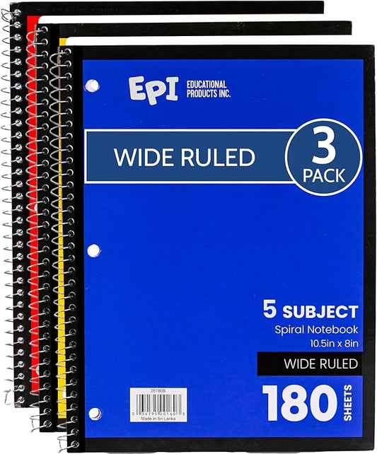 EPI Spiral Notebook | 5 Subject - Wide Ruled - 180 Sheets, Durable Spiral Binding | 10.5 x 8 in | Classroom Supplies | School, Office, Note Taking, Journaling - 3 Pack-DeskLoop Office