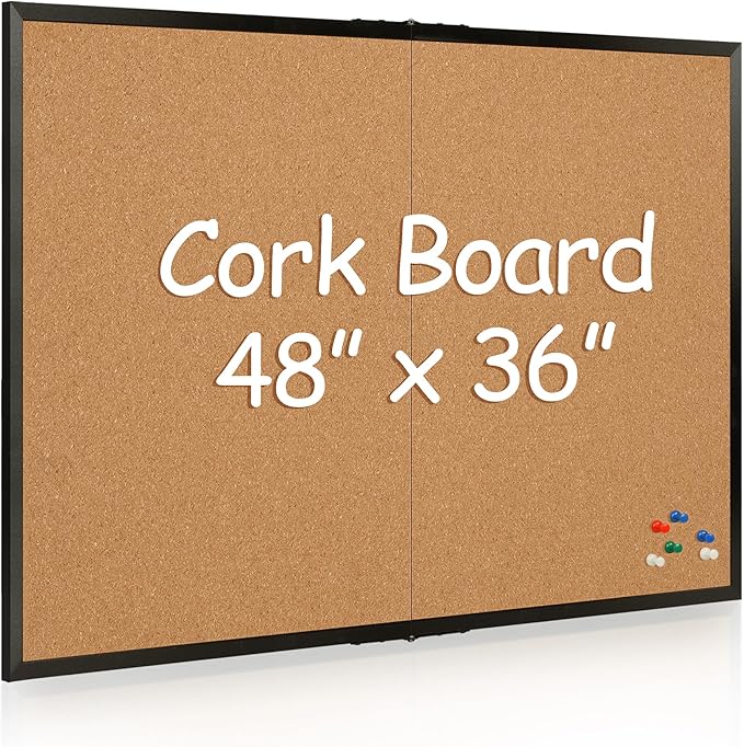 Board2by Cork Board Bulletin Board 36 x 48, Black Wood Framed 4x3 Corkboard, Foldable Office Board for Wall Decor, Large Wall Mounted Notice Pin Board with 36 Push Pins for School, Home & Office-DeskLoop Office