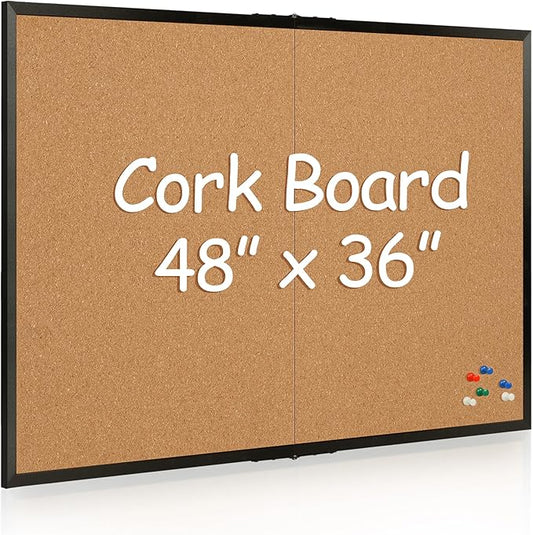Board2by Cork Board Bulletin Board 36 x 48, Black Wood Framed 4x3 Corkboard, Foldable Office Board for Wall Decor, Large Wall Mounted Notice Pin Board with 36 Push Pins for School, Home & Office-DeskLoop Office