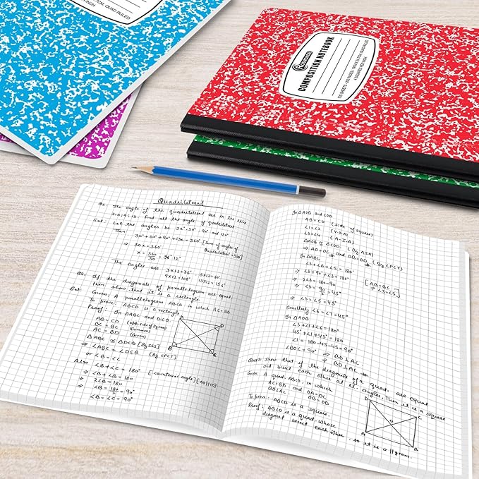 12 Pack Graph Paper Composition Notebook, 200 Pages (100 Sheets), 4x4 Grid, Graph Composition Notebook, Hard Cover Quad Ruled Notebook for Home & School, Bulk Grid Notebooks, Assorted Marble