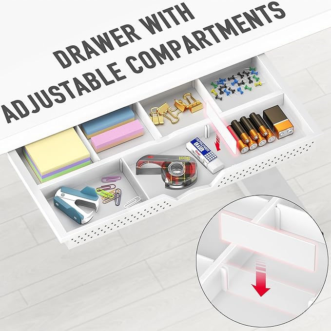 SHW 40-Inch Electric Height Adjustable Standing Desk with Drawer, Memory Preset and Cable Management Tray, White-DeskLoop Office