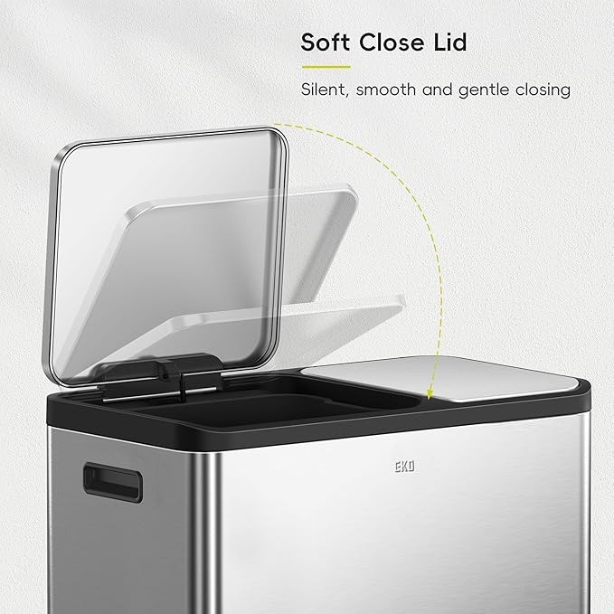 EKO EcoCasa Stainless Steel Dual Step Trash Can for Recycling, 30L+20L Rectangular Kitchen Trash Can, Independent Pedals and Lids, Soft Close and Fingerprint Resistant-DeskLoop Office