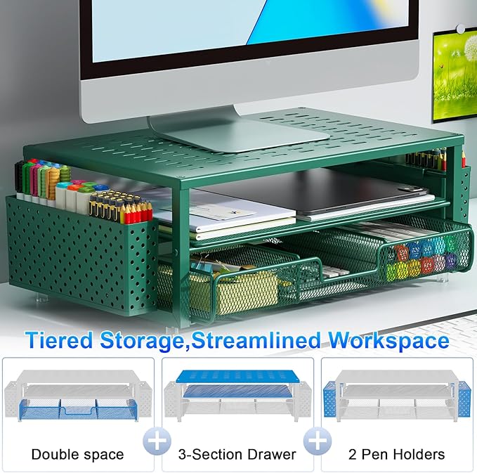 gianotter Desk Organizers and Accessories, Monitor Stand with Drawer and 2 Pen Holder, Desktop Organizer Suitable for Offices and Dormitories (Green)-DeskLoop Office