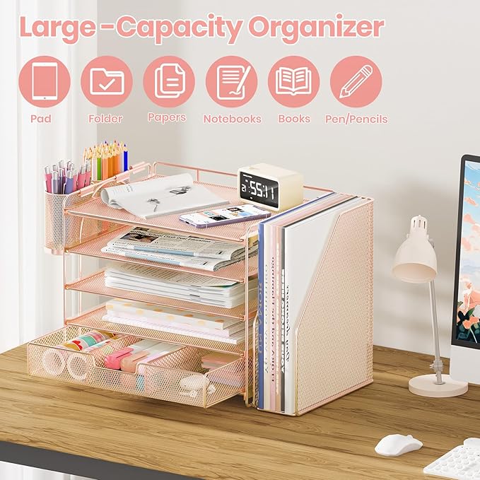 Desk Organizers and Accessories, 5-Tier Paper File Organizer with Drawer & Pen Holder, Office Desk Accessories Workspace Desktop Organizer for Office Supplies (Rose Gold)-DeskLoop Office