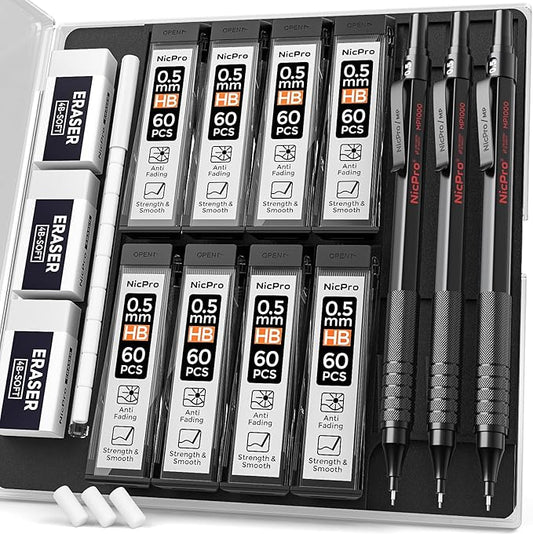 Nicpro 0.5 mm Mechanical Pencils Set with Case, 3 Metal Artist Pencil With 480PCS HB Lead Refills, 3 Erasers,9 Eraser Refills For Architect Art Writing Drafting, Drawing, Engineering, Sketching, Black-DeskLoop Office