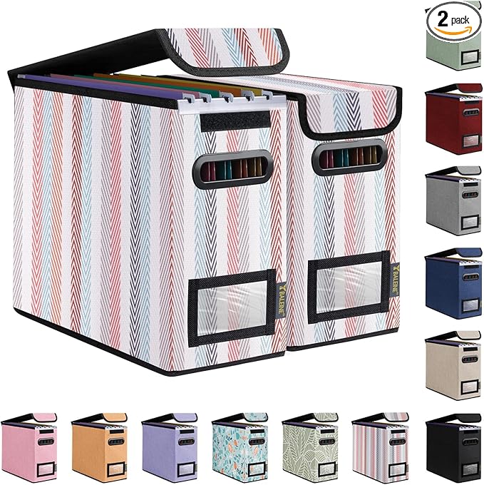 BALEINE File Organizer Box with Lid, Collapsible File Folder Organizer with Plastic Slide, Hanging File Folder Box for Office Document Storage (2 Pack, Color Stripe, S)-DeskLoop Office