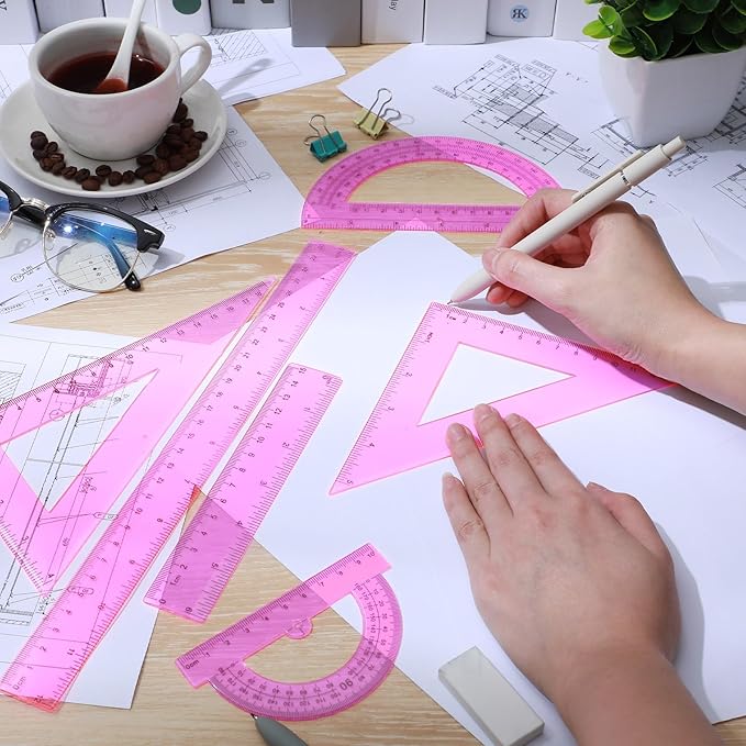 Tenare 6 Pcs Plastic Ruler Math Set Includes 12 Inch 6 Inch Straight Protractor Triangle Geometry Transparent Math Ruler Measuring Tools for School Office Home(Pink)-DeskLoop Office