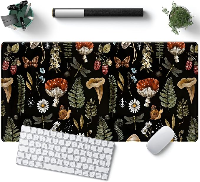 Black Mouse Pad Cottage Core Aesthetic Mouse Pads Mushroom Desk Pad Vintage Mouse Pad Forest Magic Nature Large Desk Pad Ergonomic Mouse Pads with Stitched Edges Non-Slip Computer Mat 31.5x15.7 in-DeskLoop Office
