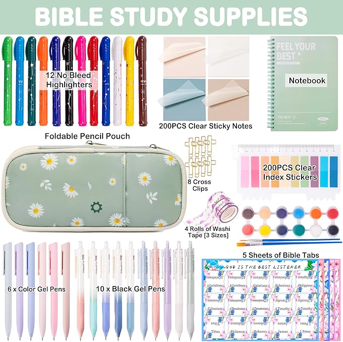 Bible Study Supplies for Women & Journaling Kit - Pencil Case, 12 Colored Highlighters No Bleed, 75 Index Bible Tabs, A5 Notebook, 16 Gel Pens & 4 Transparent Notes - Christian Gifts, Green Daisies-DeskLoop Office