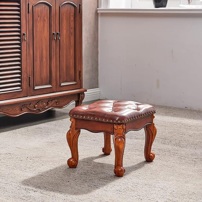Foot Stool Ottoman Foot Rest Microfiber Leather Upholstered Footstool for Sofa, Living Room, Entryway, Solid Wood Stool (Light Brown)-DeskLoop Office
