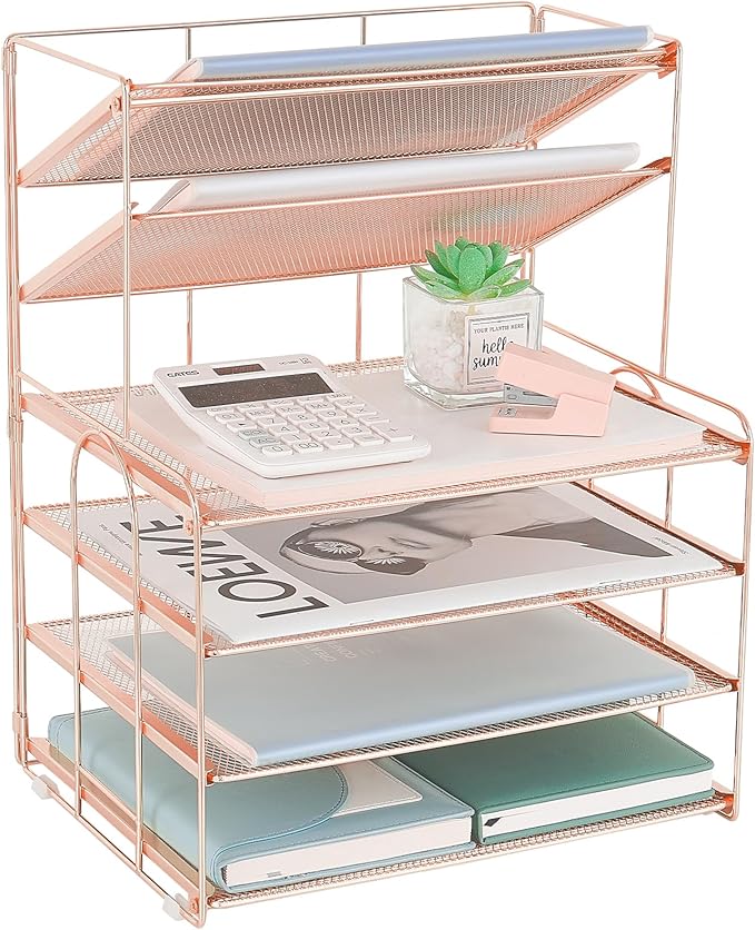 Desk Organizers and Accessories, 6-Tier Letter Tray Paper Organizer, Desktop File Organizer, Office Desk Accessories for Office Supplies (Rose Gold)-DeskLoop Office