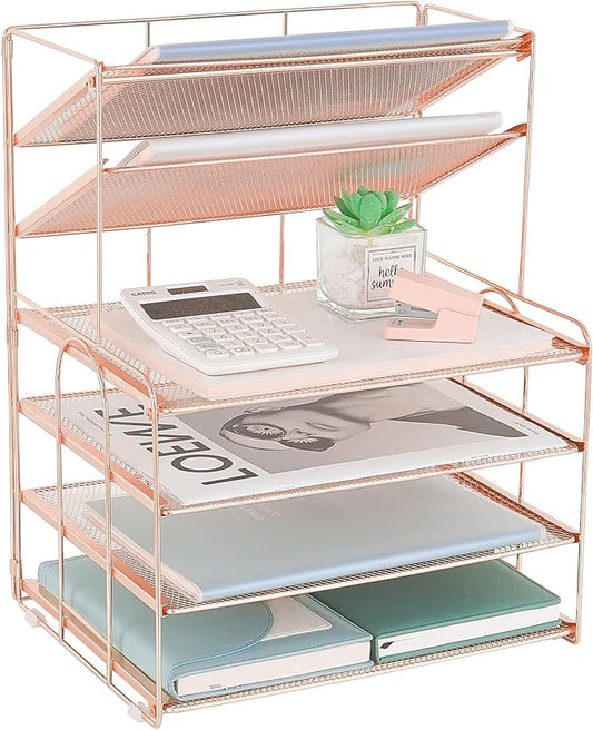 Desk Organizers and Accessories, 6-Tier Letter Tray Paper Organizer, Desktop File Organizer, Office Desk Accessories for Office Supplies (Rose Gold)-DeskLoop Office