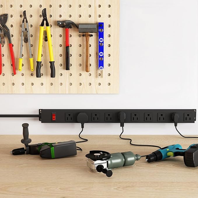 10 Outlet Metal Power Strip,8FT Long Extension Cord Heavy Duty for Kitchen,Office,School,Commercial,Workshop,Industrial,ETL Certified and Listed Socket,1825W/125V/15A,Black(8FT)-DeskLoop Office