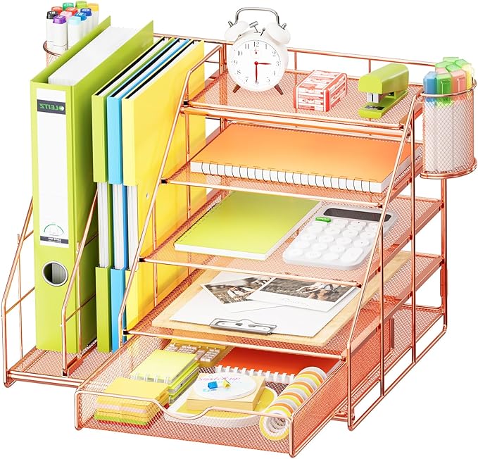 Marbrasse Desk Organizer with File Holder, 5-Tier Desk Organizers and Accessories with Drawer and 2 Pen Holder, Mesh Paper Letter Tray, Desktop Organizer and Storage for Office Supplies (Rose Gold)-DeskLoop Office