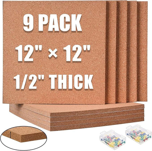 SUNGIFT Cork Board 12"x12" - 1/2" Thick Square Bulletin Boards 9 Pack Cork Tiles with 100 PCS Push Pins Mini Wall Self-Adhesive Corkboards Tiles for Wall-DeskLoop Office
