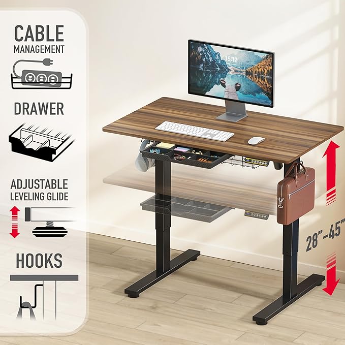 SHW 40-Inch Electric Height Adjustable Standing Desk with Drawer, Memory Preset and Cable Management Tray, Walnut-DeskLoop Office