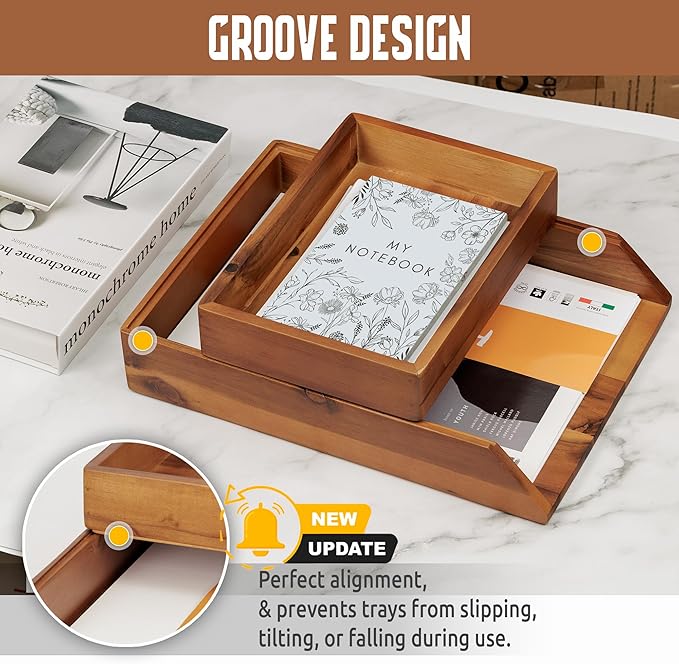 Demigo Desk Organizer Letter Tray Set of 2, Acacia Wood Tabletop Desktop for Storage Paper Letter Folders Notebooks Copy Print, Workspace Holder, Keep Stationery Saver (Brown)-DeskLoop Office