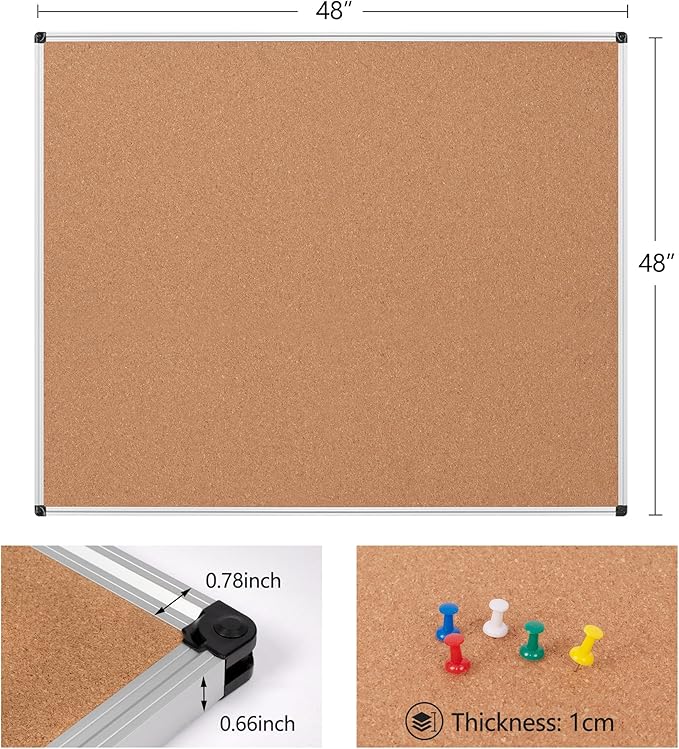 Board2by Extra Large Cork Bulletin Board 48" X 48", Silver Aluminum Framed 4'x4' Corkboard for Wall, Wall Mounted Notice Pin Board with 18 Push Pins for School, Home & Office-DeskLoop Office