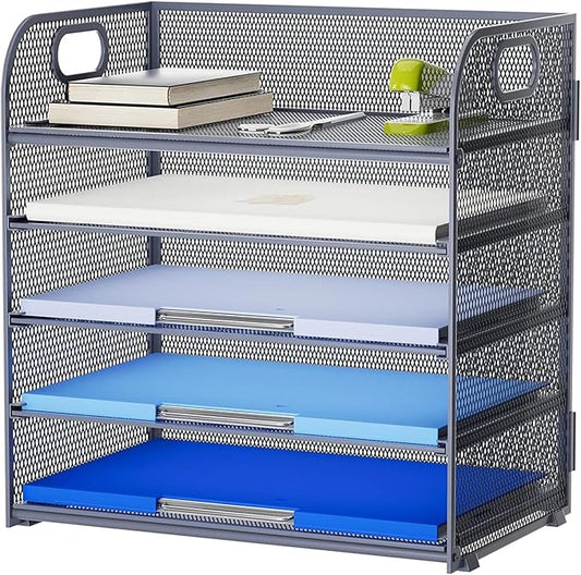 Marbrasse Paper Organizer Letter Tray, 5 Tier Mesh File Organizer with Handle, Paper Sorter Desk Organizer for Home Office Supplies - Grey-DeskLoop Office