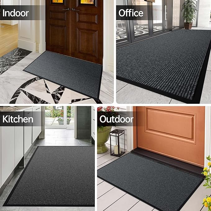 Front Door Mat, 4' x 6' Heavy Duty Indoor Outdoor Door Mat for Entryway, Commercial Door Mats Entrance, Low Profile Welcome Mats Non-Slip, Durable Rubber Backing Entry Mat for Patio, Home